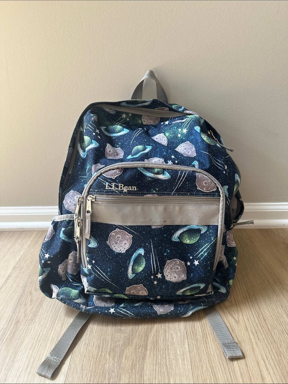 L.L. Bean Navy Backpack with Green and Gray Space Print